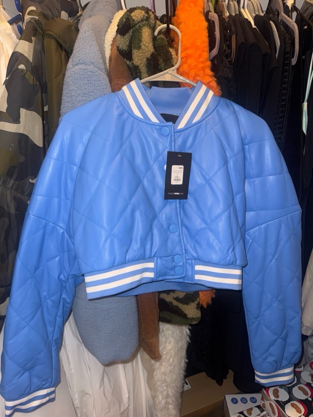 Fashion Nova Light Blue Quilted Cropped Varsity Jacket